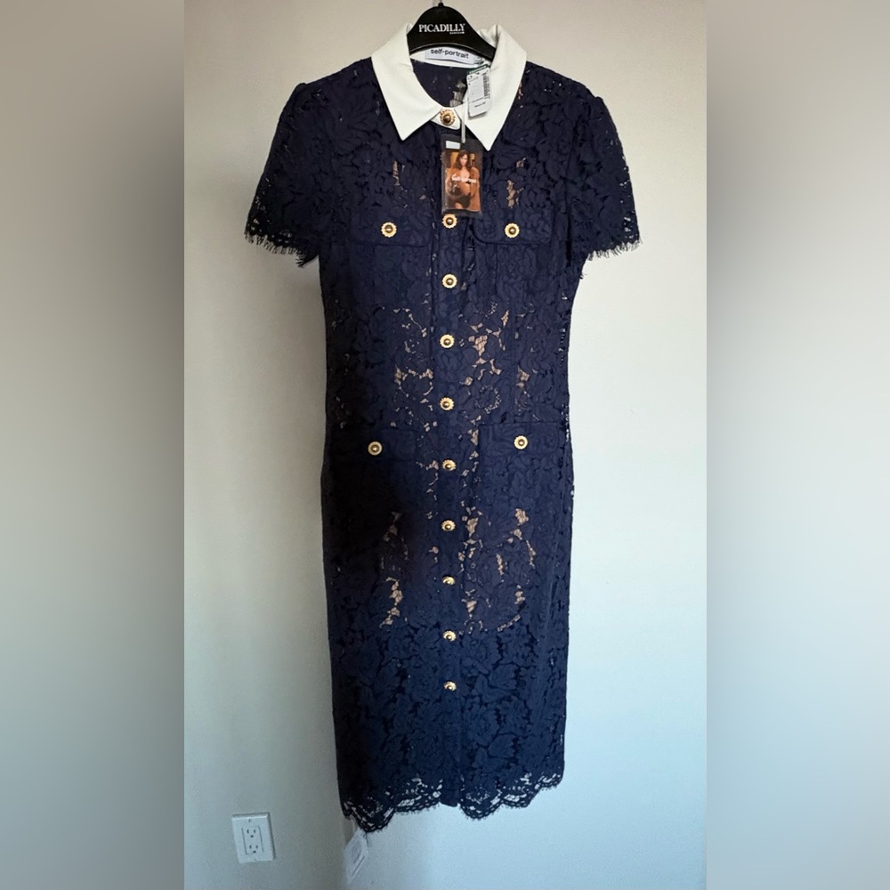 New with tags - Self-Portrait Navy Lace Midi Dress with White Collar US 4 - Picture 3 of 17